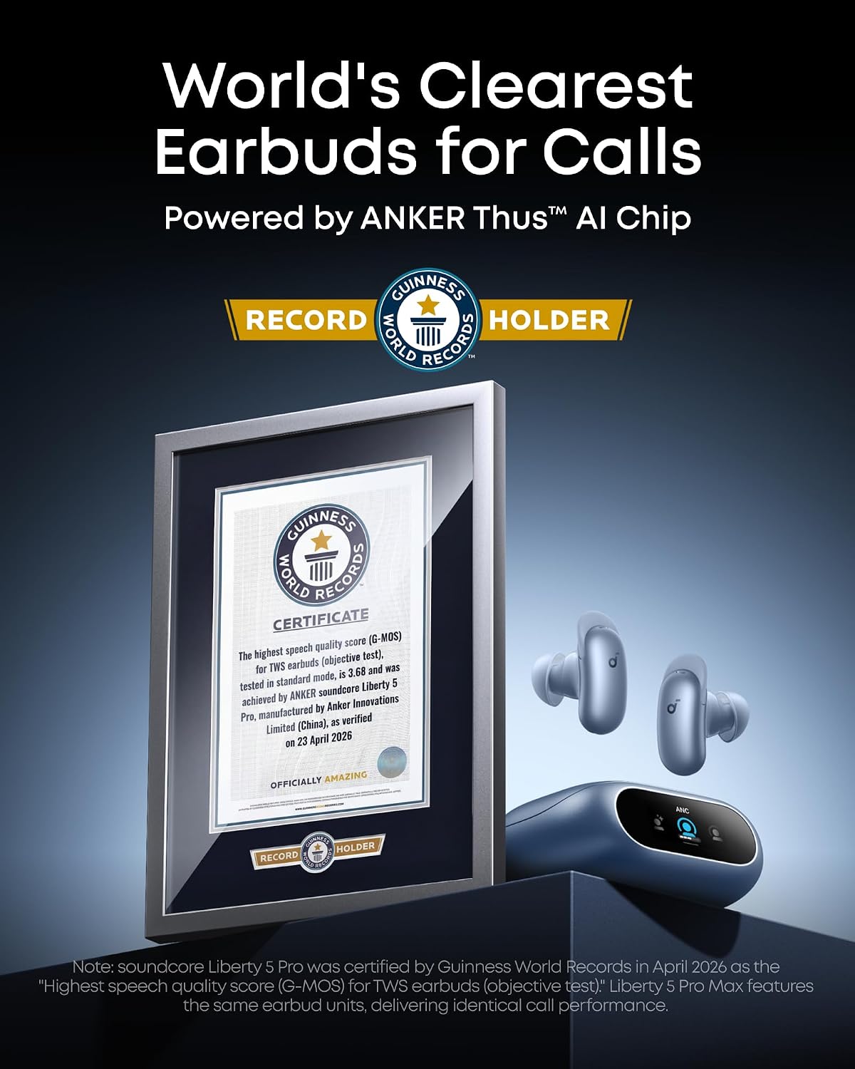 soundcore Liberty 5 Pro by Anker, Guinness World Records-Certified Call Quality, ANKER Thus™ AI Chip, Active Noise Cancelling Wireless Earbuds, Crystal-Clear Calls for Noisy Environments