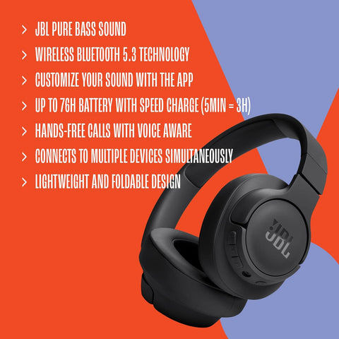 JBL Tune 720BT Wireless Over-Ear Headphones, Pure Bass Sound, Bluetooth 5.3, 76H Battery, Hands-Free Call, Multi-Point Connection, Foldable, Detachable Audio Cable - White, JBLT720BTWHT