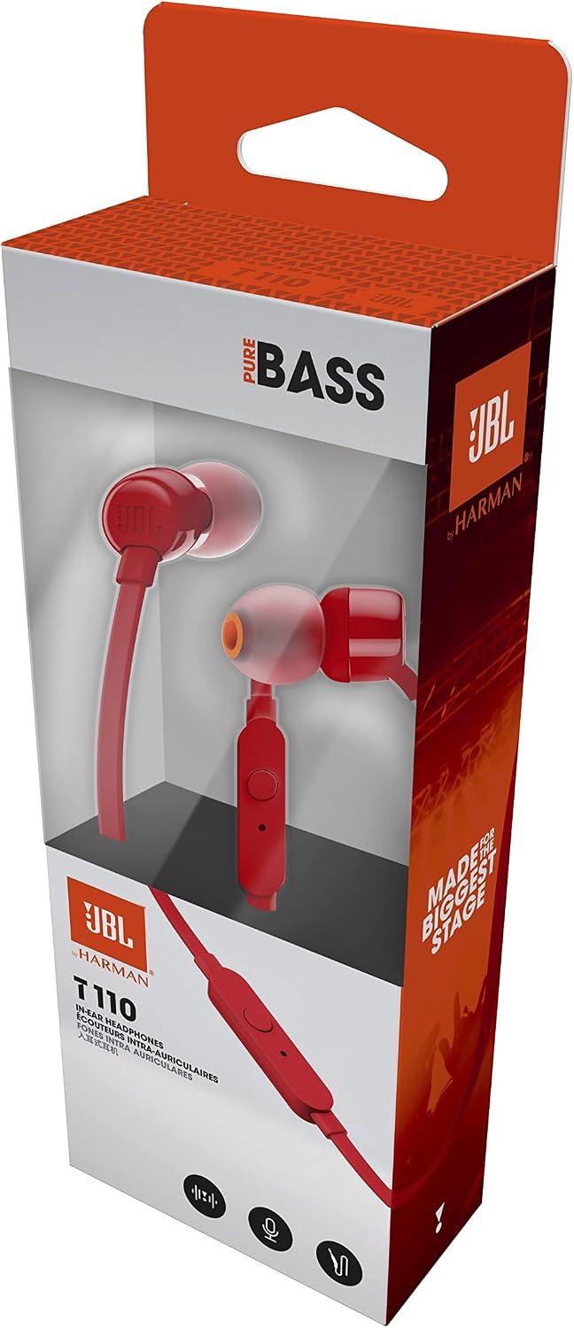 JBL Tune 110 JBLT110RED Wired In-Ear Headphones with Mic, Red