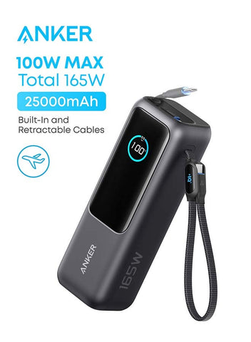 Anker 25000 mAh Power Bank, 25,000mAh 165W Ultra-Fast Portable Charger for Dual Laptops, Fast Charging Battery Pack with Built-In and Retractable Cables, For iPhone 17/16 Series, Samsung, and More Black | Best Price UAE | Dubai, Abu Dhabi