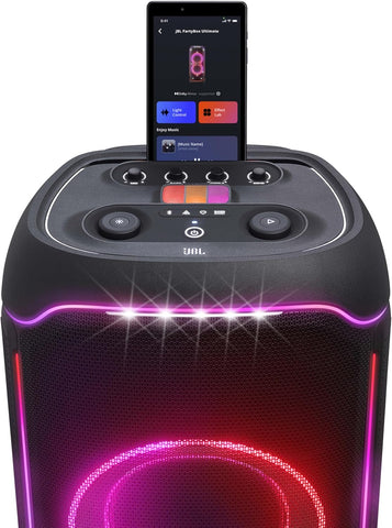 JBL Partybox Ultimate Massive party speaker with powerful sound, multi-dimensional lightshow, and splashproof design.