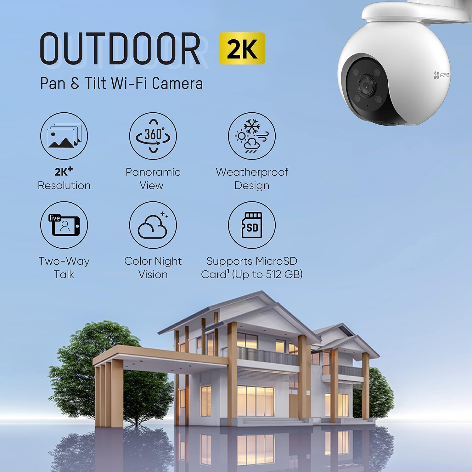 Ezviz by Hikvision H8 Pro Pan & Tilt Wi-Fi Camera|2K Resolution|360° Coverage|Auto-Tracking|Color Night Vision|Two-Way Talk|Weatherproof Design|Supports MicroSD Card (Up to 512 GB)|White