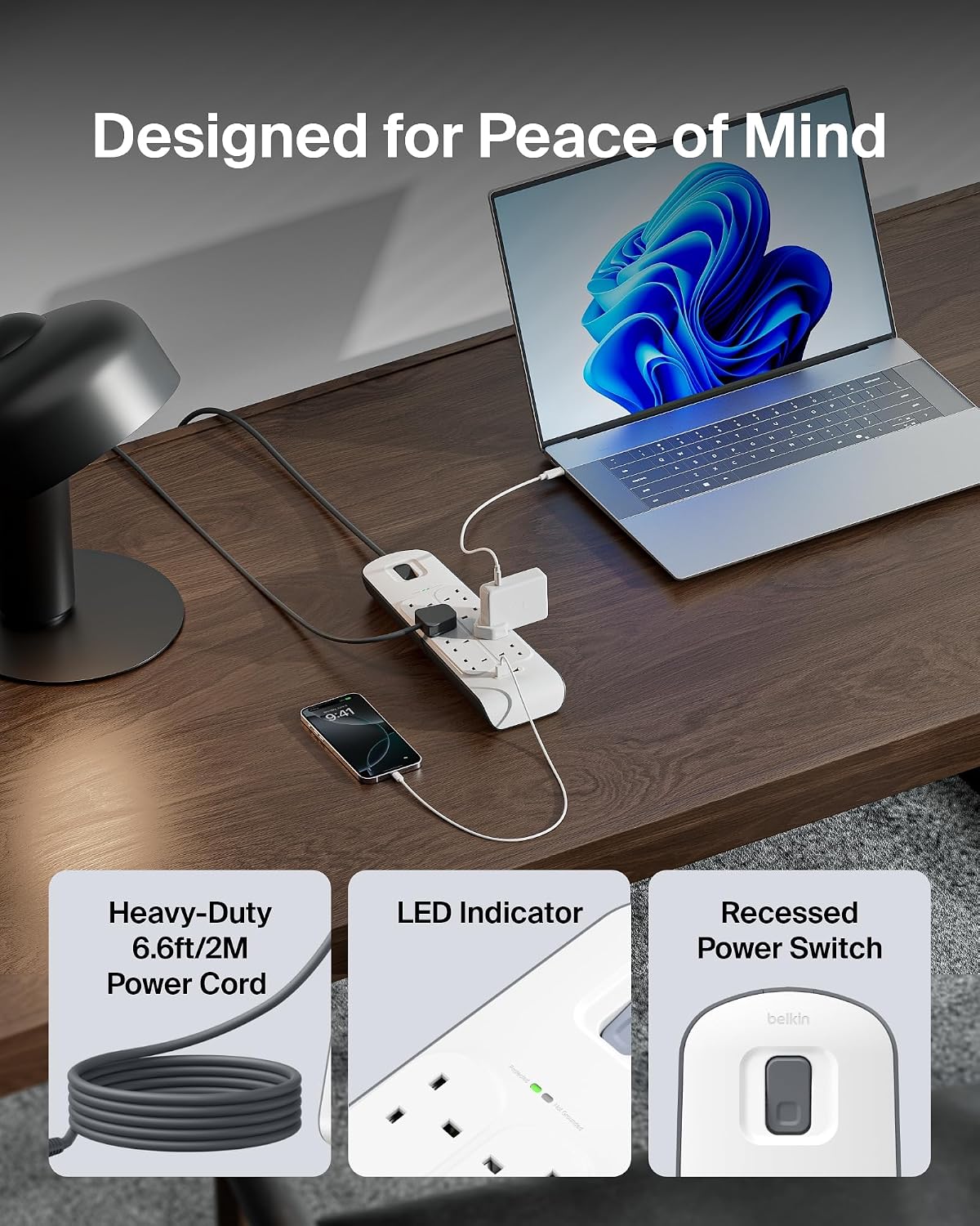 Belkin 8 Way/8 Plug Surge Protection Strip With 2 Meters Cord Length - Heavy Duty Electrical Extension Socket x 2.4 A Shared USB Ports