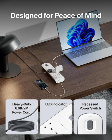 Belkin 8 Way/8 Plug Surge Protection Strip With 2 Meters Cord Length - Heavy Duty Electrical Extension Socket x 2.4 A Shared USB Ports