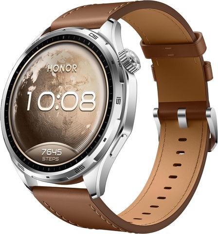HONOR Watch 6 Smartwatch, 35-Day Battery, Dual-Band GPS, 123 Sports Modes, NFC Payment, 3000 Nits AMOLED Display, AI Health Scan, Twilight Brown Leather Strap