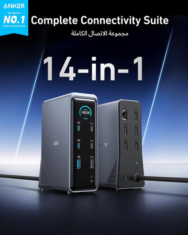 Anker Prime Charging Docking Station, 14-Port with 160W Max Output and Built-In GaN AC-DC Power, 10Gbps Data Transfers, Real-Time Smart Interface, Dual 4K Displays for MacBook, Dell, Phones, and More