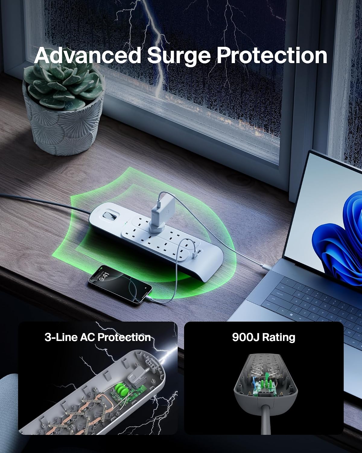 Belkin 8 Way/8 Plug Surge Protection Strip With 2 Meters Cord Length - Heavy Duty Electrical Extension Socket x 2.4 A Shared USB Ports