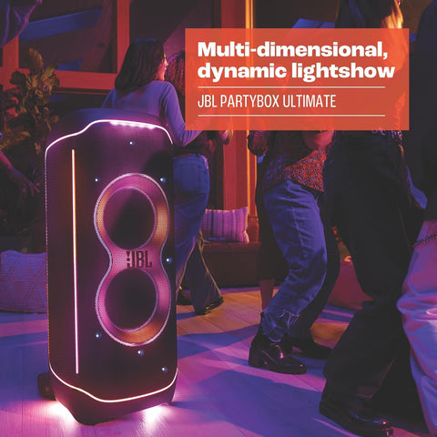 JBL Partybox Ultimate Massive party speaker with powerful sound, multi-dimensional lightshow, and splashproof design.