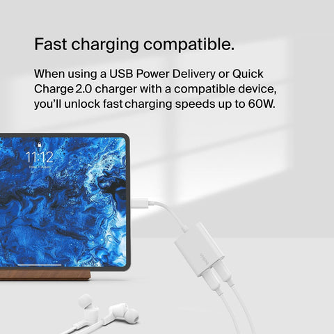 Belkin RockStar USB-C Audio + Charge Adapter, Headphone Adapter w/ USB-C 60W Power Delivery Fast Charging for iPhone 16, iPad Pro, Galaxy, Note, Google Pixel, LG, Sony, OnePlus, and More - White