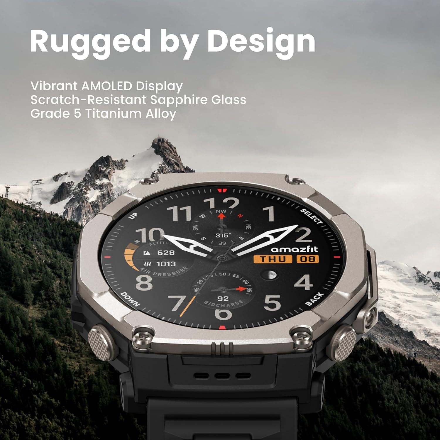 Amazfit T-Rex Ultra 2 Dual Band GPS Outdoor Smartwatch Ti Body 51mm, 3.8cm, Sapphire AMOLED Display, Flashlight, 30 Days Battery, Offline Maps, 10 ATM, 180+ Sports Mode for Devices