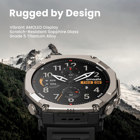 Amazfit T-Rex Ultra 2 Dual Band GPS Outdoor Smartwatch Ti Body 51mm, 3.8cm, Sapphire AMOLED Display, Flashlight, 30 Days Battery, Offline Maps, 10 ATM, 180+ Sports Mode for Devices