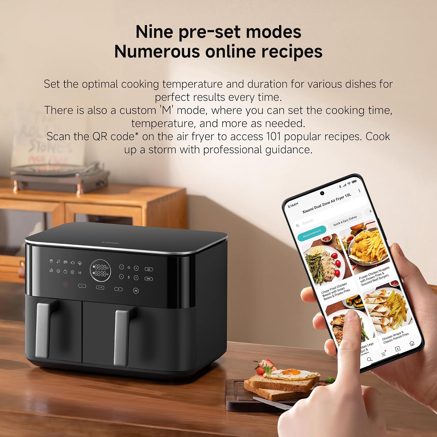 Xiaomi Dual Zone Air Fryer 10L, 2 Baskets (3.5L + 6.5L), 2700W, 6-in-1 Functions – Air Fry, Roast, Bake, Grill, Reheat, Dehydrate – Smart Sync Cooking, 101 Recipes, Dishwasher-Safe, Black