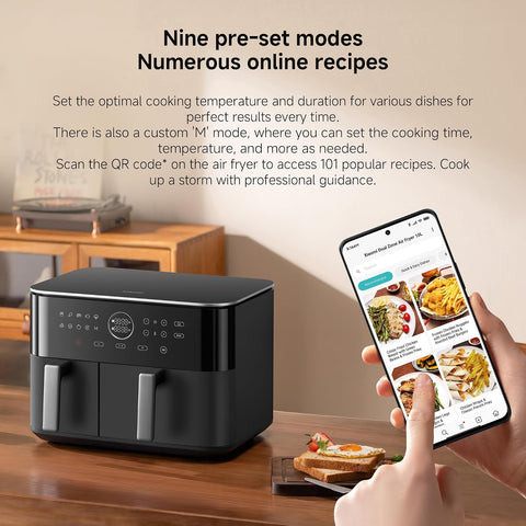 Xiaomi Dual Zone Air Fryer 10L, 2 Baskets (3.5L + 6.5L), 2700W, 6-in-1 Functions – Air Fry, Roast, Bake, Grill, Reheat, Dehydrate – Smart Sync Cooking, 101 Recipes, Dishwasher-Safe, Black