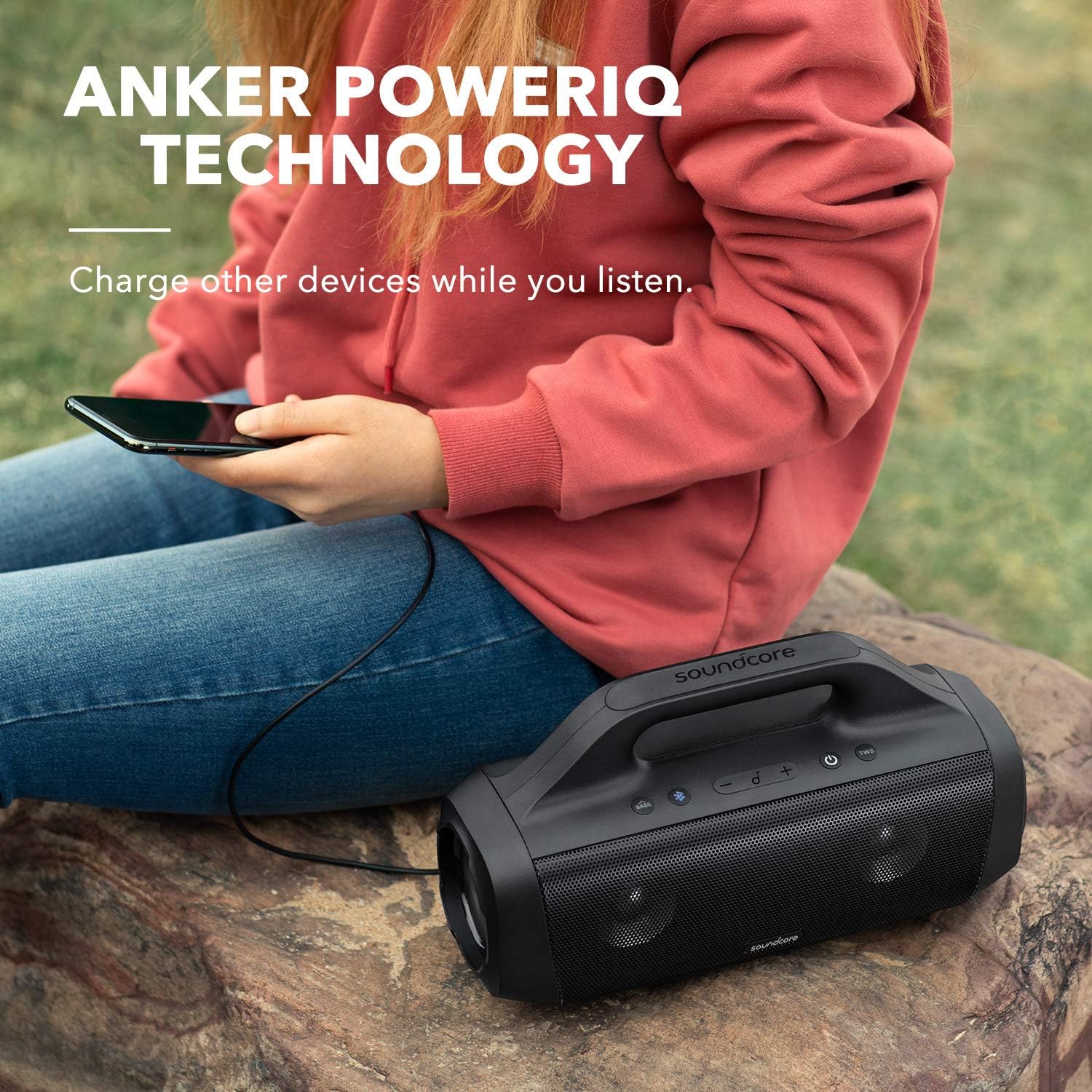 soundcore Anker Motion Boom Bluetooth Speaker with Titanium Audio Drivers, BassUp Technology, IPX7 Water Protection, 24h Battery, Ideal for Outdoors, Garden, Beach | 24H Playtime, App, Built-in Handle, Outdoor Speaker for Camping, Pool, Beach, Backyard