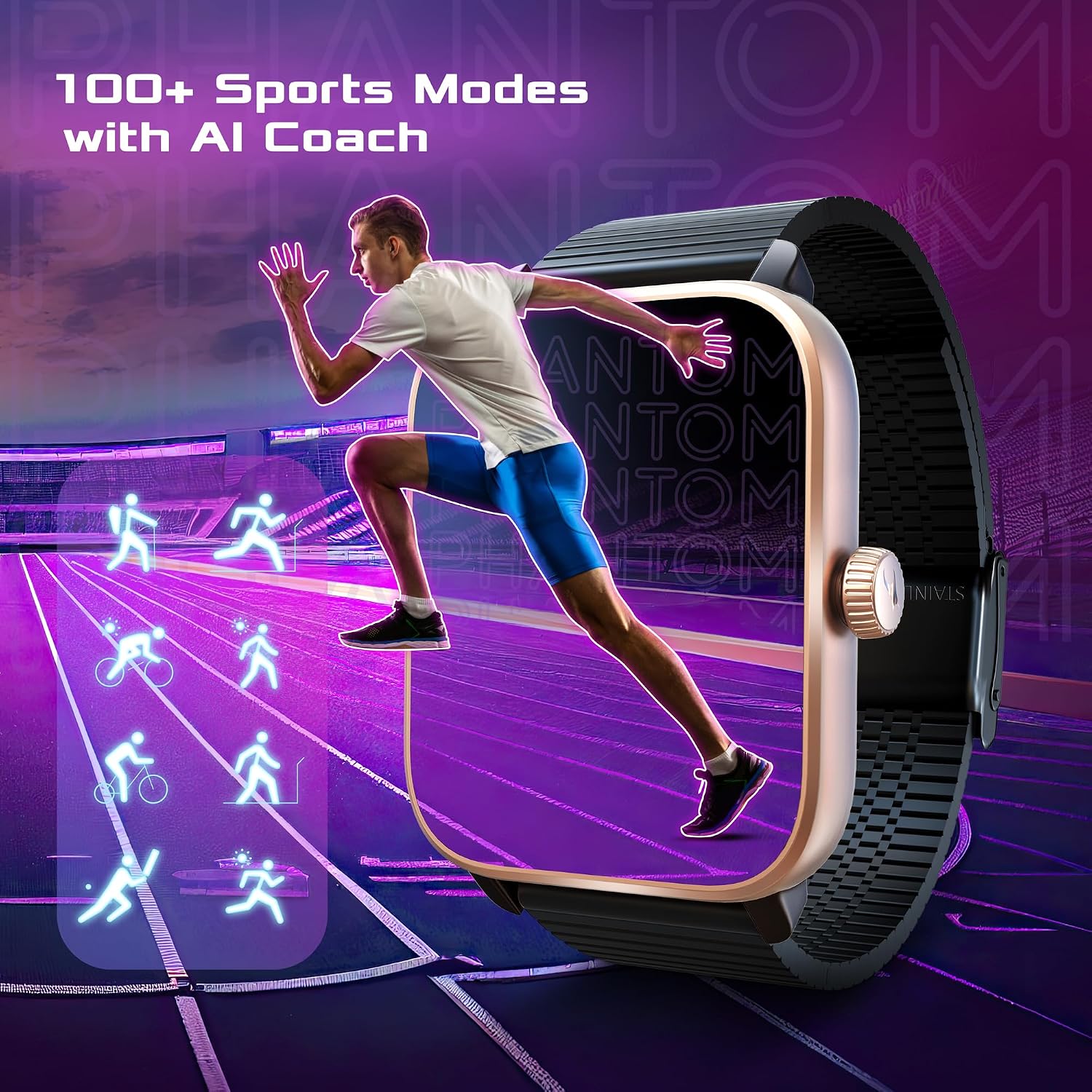 Fastrack Phantom Smart Watch|1.85" UltraVU Display| Functional Crown| SingleSync BT Calling|100+ Sports Modes|100+ Watchfaces|AI Voice Assistant|in-Built Games| Aluminium Case with Mesh Strap