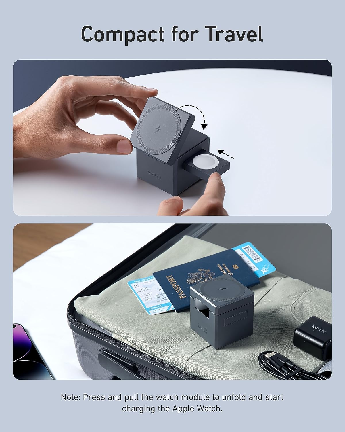 Anker 3-in-1 Cube Compatible with MagSafe - 15W Fast Charging, Foldable Wireless Charge Station for Apple Watch, iPhone 17/16/15, and AirPods Pro (Charger and Interchangeable Plugs Included)