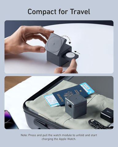 Anker 3-in-1 Cube Compatible with MagSafe - 15W Fast Charging, Foldable Wireless Charge Station for Apple Watch, iPhone 17/16/15, and AirPods Pro (Charger and Interchangeable Plugs Included)