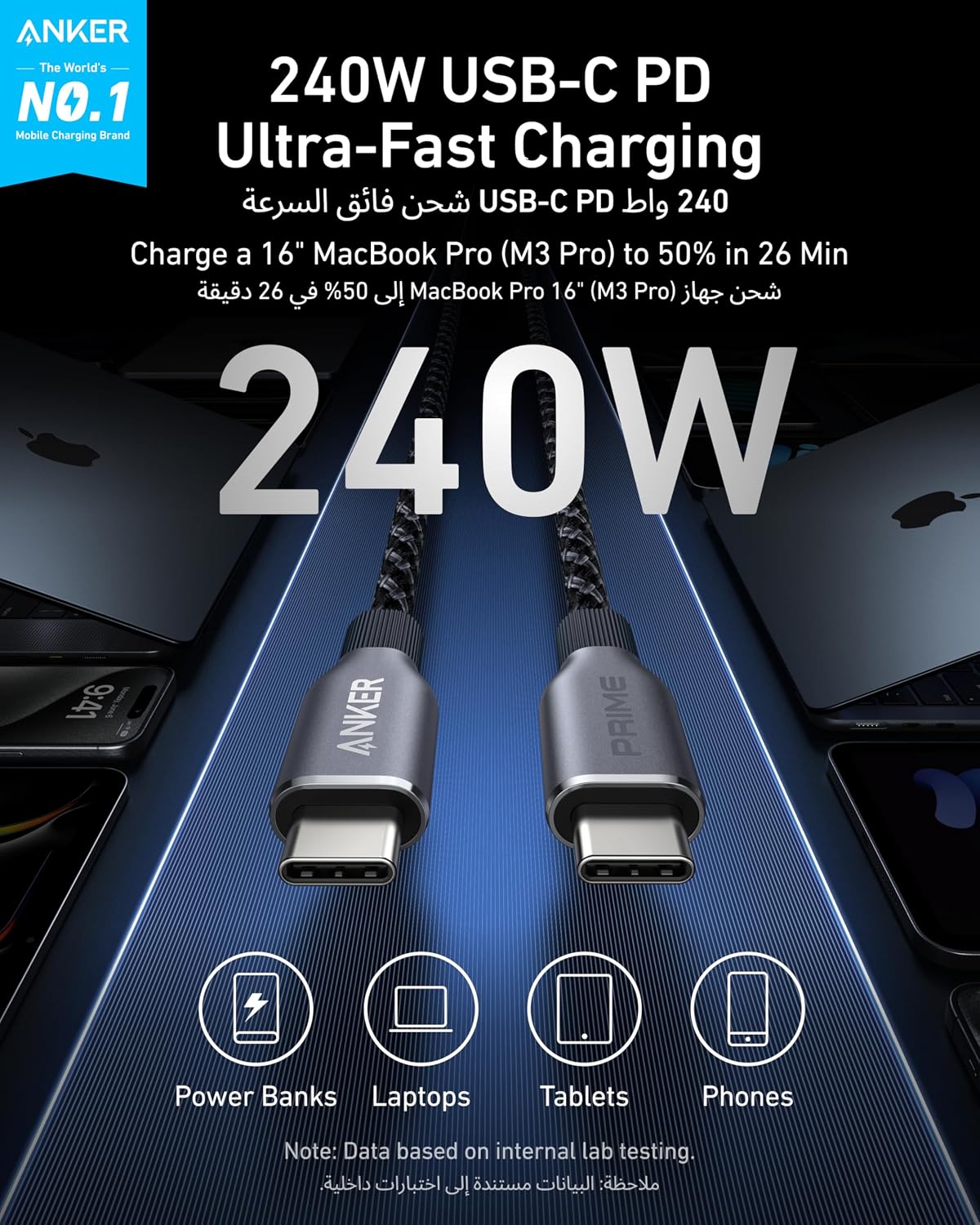 Anker Prime USB C to USB C Cable, 240W 6 ft Fast Charging USB C Cable, Upcycled-Braided Nylon with High Durability, USB 2.0 Cable for iPhone 17/16 Series, MacBook, iPad, Samsung, Huawei, Xiaomi, Vivo