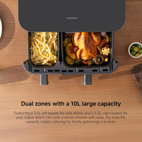 Xiaomi Dual Zone Air Fryer 10L, 2 Baskets (3.5L + 6.5L), 2700W, 6-in-1 Functions – Air Fry, Roast, Bake, Grill, Reheat, Dehydrate – Smart Sync Cooking, 101 Recipes, Dishwasher-Safe, Black
