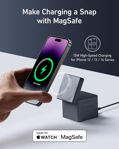 Anker 3-in-1 Cube Compatible with MagSafe - 15W Fast Charging, Foldable Wireless Charge Station for Apple Watch, iPhone 17/16/15, and AirPods Pro (Charger and Interchangeable Plugs Included)