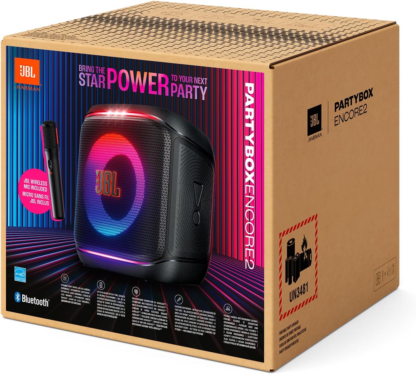 JBL PartyBox Encore 2 Portable Bluetooth Speaker with Wireless Mic and AI Boost, 15H Battery, Dynamic Lights, Auracast, Karaoke & Guitar Input, IPX4 Splashproof - JBLPBENCORE2UK
