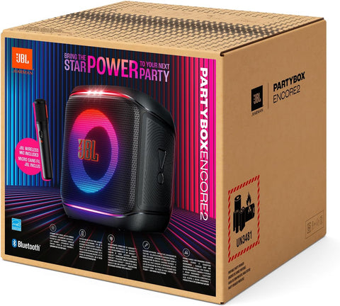 JBL PartyBox Encore 2 Portable Bluetooth Speaker with Wireless Mic and AI Boost, 15H Battery, Dynamic Lights, Auracast, Karaoke & Guitar Input, IPX4 Splashproof - JBLPBENCORE2UK