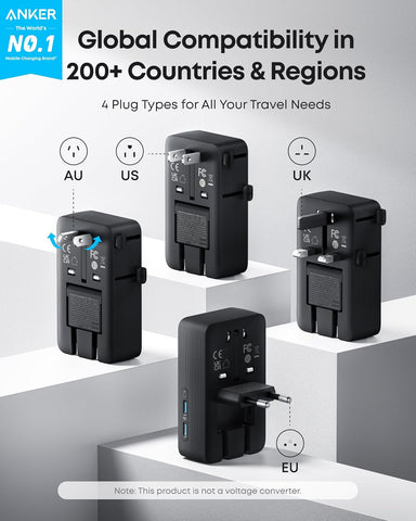 Anker Nano European Travel Plug Adapter, 5-Port Fordable (1-Pack, Black) | with 1AC 2USB-A 2USB-C Ports, Temperature Control, Essentials for Over 200 Countries, Ideal for Travel