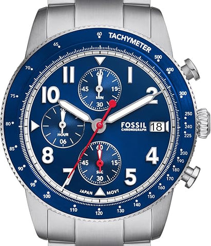 Fossil Men's Sport Tourer Quartz Stainless Steel Chronograph Watch, Color: Silver/Blue (Model: FS6047)