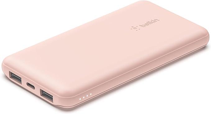 Belkin 10000mAh portable power bank, 10K USB-C portable charger with 1 USB-C port and 2 USB-A ports, battery pack for up to 15W charging for iPhone, Samsung Galaxy, AirPods, iPad, and more – Rose Gold