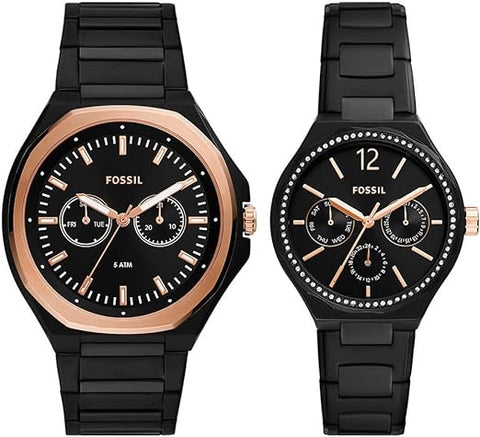 Fossil His and Her Multifunction Black Stainless Steel Watch Set - BQ2645SET