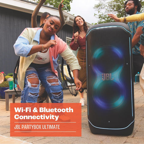 JBL Partybox Ultimate Massive party speaker with powerful sound, multi-dimensional lightshow, and splashproof design.