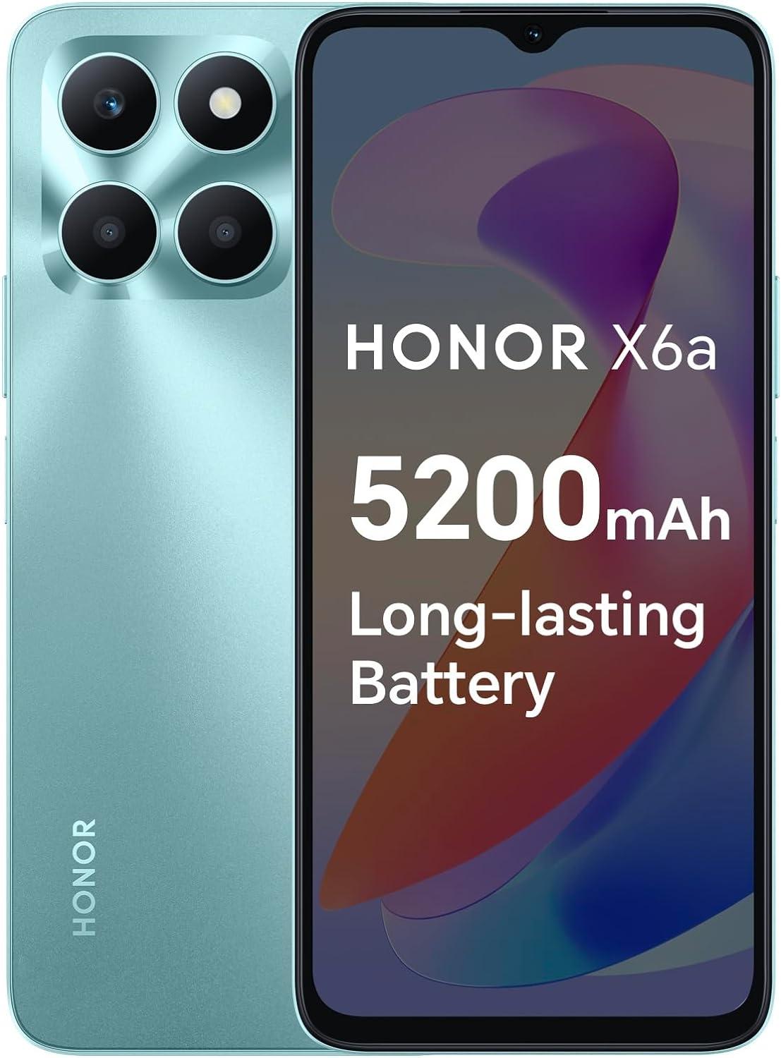 HONOR X6a Mobile Phone Unlocked, 6.5-Inch 90Hz Fullview Display, 4GB+128GB, 5200 mAh Long-lasting Battery, 50MP Triple Camera, Android 13, Cyan Lake