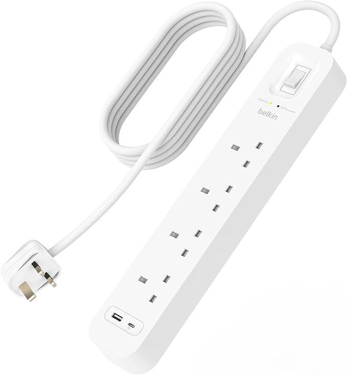 Belkin 4-Outlet Surge Protector Power Strip, Wall-Mountable with 4 AC Outlets, 2M Power Cord, & Green Indicator Light - USB-C Port & USB-A Port w/USB-C PD Fast Charging - 525 Joules of Protection