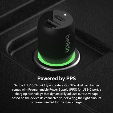 Belkin 37W Dual Port Fast Car Charger, USB Type C 25W PPS Port and USB A 12W Port for Samsung Galaxy S23, S22, Ultra, 5G, Plus, Note 20, iPhone 14, iPhone 13, 12, Pro, Max, Mini and More