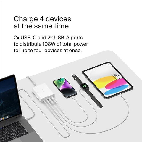 Belkin 108W GaN USB Charging Station for Multiple Devices, 2 USB Type C and 2 USB A Fast Desktop Charger Dock Hub for MacBook, Pro, Air, iPhone, Pro, Max, Mini, iPad Pro, Air, Galaxy and More