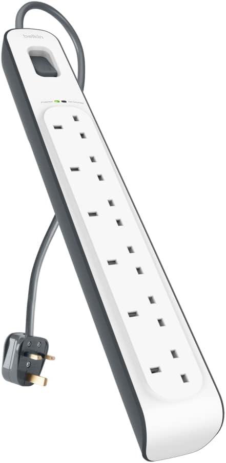 Belkin 6 Way/6 Plug Surge Protection Strip With 2 Meters Cord Length - Heavy Duty Electrical Extension Socket