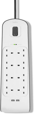 Belkin 8 Way/8 Plug Surge Protection Strip With 2 Meters Cord Length - Heavy Duty Electrical Extension Socket x 2.4 A Shared USB Ports