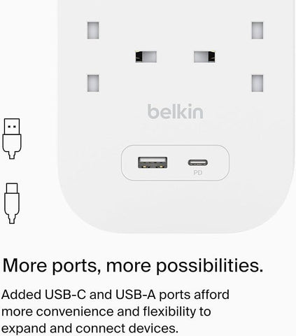 Belkin 6-Outlet Surge Protector Power Strip, Wall-Mountable with 6 AC Outlets, 2M Power Cord, & Green Indicator Light - USB-C Port & USB-A Port w/USB-C PD Fast Charging - 650 Joules of Protection