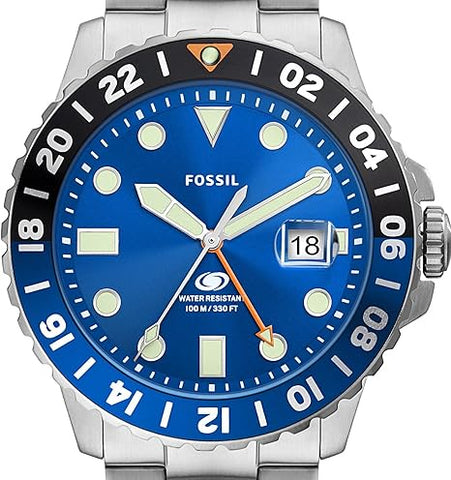 Fossil Men's Blue GMT Stainless Steel Dual Time Watch, Color: Silver (Model: FS5991), Silver, One Size, 46 mm Blue 3 Hand Date Stainless Steel Watch FS5991