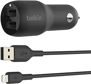 Belkin Dual USB Car Charger 24W + Lightning Cable (Boost Charge Dual Port Car Charger, 2-Port USB Car Charger) iPhone Car Charger, iPad Car Charger, AirPods Car Charger