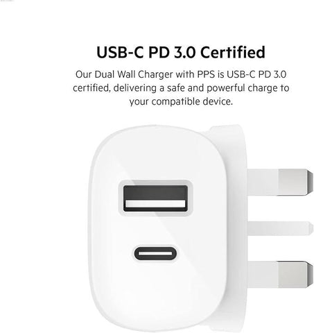 Belkin 37W USB Type C PPS PD Dual Port Wall Phone Charger, Power Delivery 25W USB C Port and 12W USB A Port for Fast Charging Samsung Galaxy S23, Ultra, Plus, Note 20, iPhone 14 Series and More