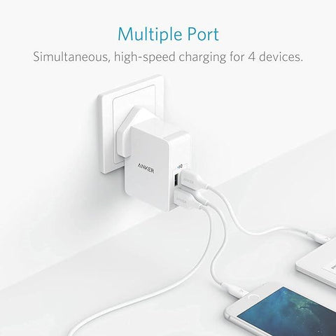 Anker USB Plug Charger 5.4A/27W 4-Port USB Charger, PowerPort 4 Lite with Interchangeable UK and EU Travel Charger, Adapter for iPhone XS/XS Max/XR/X/8, Galaxy S8/Note 3, iPad Air 2/mini 3, and More