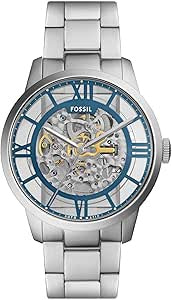 Fossil Men's Townsman Automatic Stainless Steel and Leather Three-Hand Skeleton Watch, Color: Silver/Pacific Blue Indices (Model: ME3260)