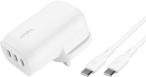 Belkin BoostCharge 3-Port USB-C Wall Charger with PPS 67W, USB-C PD 3.1 Enabled Fast Charging iPhone Charger for iPhone 15 Series, MacBook Pro, AirPods, Galaxy, and more, USB-C to USB-C cable included