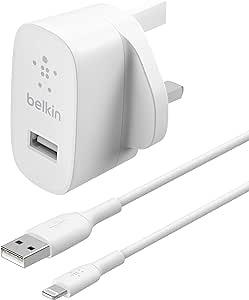 Belkin Home Charger with Lightning to USB ChargeSync Cable 12 watt/2.4 Amp, Compatible with any device that uses a USB A cable, WCA002my1MWH, 1 Meter