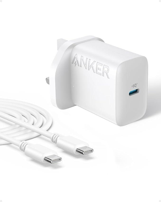 Anker USB C Plug 20W Ultra Fast Wall Charger For iPhone, iPad, iPod And More (5 ft USB-C to USB-C Cable Included) White