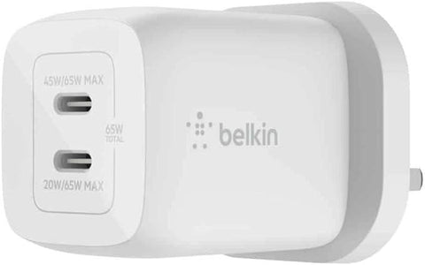 Belkin 65W Dual USB Type C Wall Charger, Fast Charging Power Delivery 3.0 with GaN Technology, USB Plug fast charger for iPhone 15, 14, 13, iPad, MacBook, Samsung Galaxy S24, Pixel and more - White