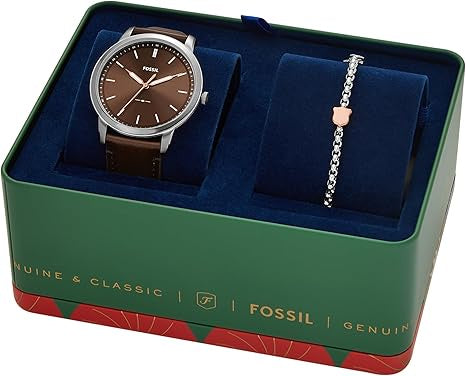 Fossil Men's Minimalist Quartz Stainless Steel Watch and Bracelet Gift Set, Color: Silver/Brown Bracelet Set (Model: FS6019SET)