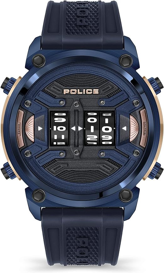 POLICE Rotor Grey/Blue/Rose Gold Dial Complication Watch for Men with a Blue Silicone Strap and Steel Case - PEWJP2108302