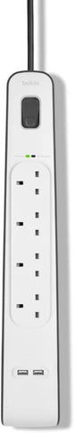 Belkin 4 Way/4 Plug Surge Protection Strip With 2 Meters Cord Length - Heavy Duty Electrical Extension Socket With 2 X 2.4 A Shared Usb Ports